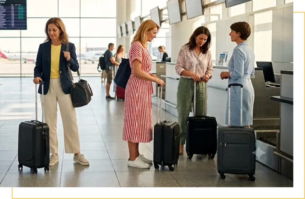 Utazók bőröndökkel a repülőtéri check-in pultnál